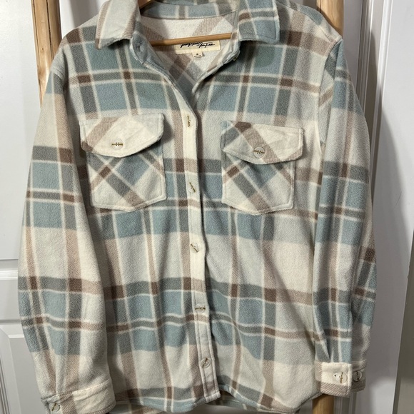 Young Hearts Jackets & Blazers - oversized button down fleece shacket light blue beige white plaid cabin cozy